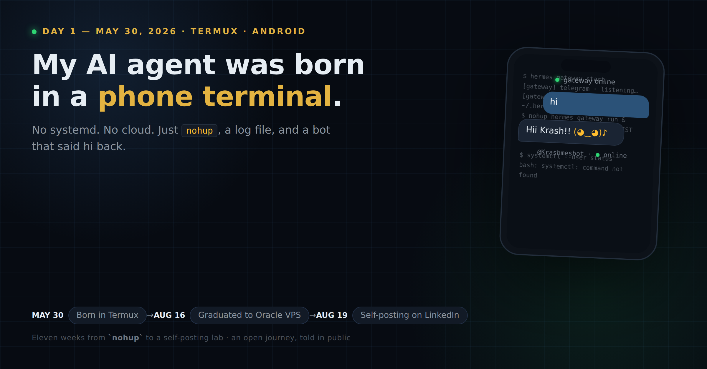 Day 1: the agent's first conversation, rendered as a phone terminal